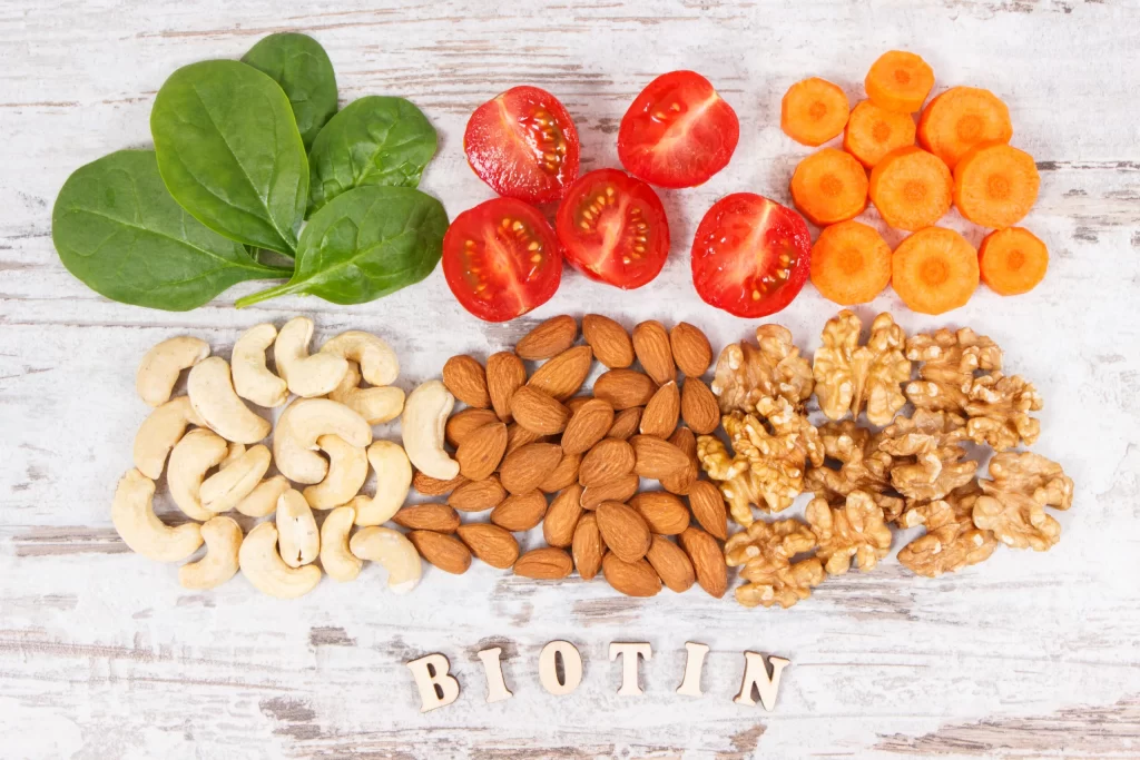 A close-up view of a Biotin-rich meal, featuring foods like eggs, nuts, and vegetables, emphasizing the natural dietary sources of this essential vitamin.