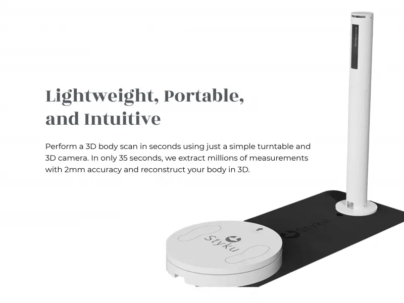 An image of the Styku lightweight body scanner, a compact and portable device for precise 3D body scanning.